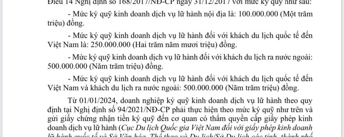 Công văn số 203/CDLQGVN – QLLH ngày 01/02/2024 của Cục du lịch Quốc gia Việt Nam về việc đổi giấy chứng nhận tiền ký quỹ kinh doanh dịch vụ lữ hành