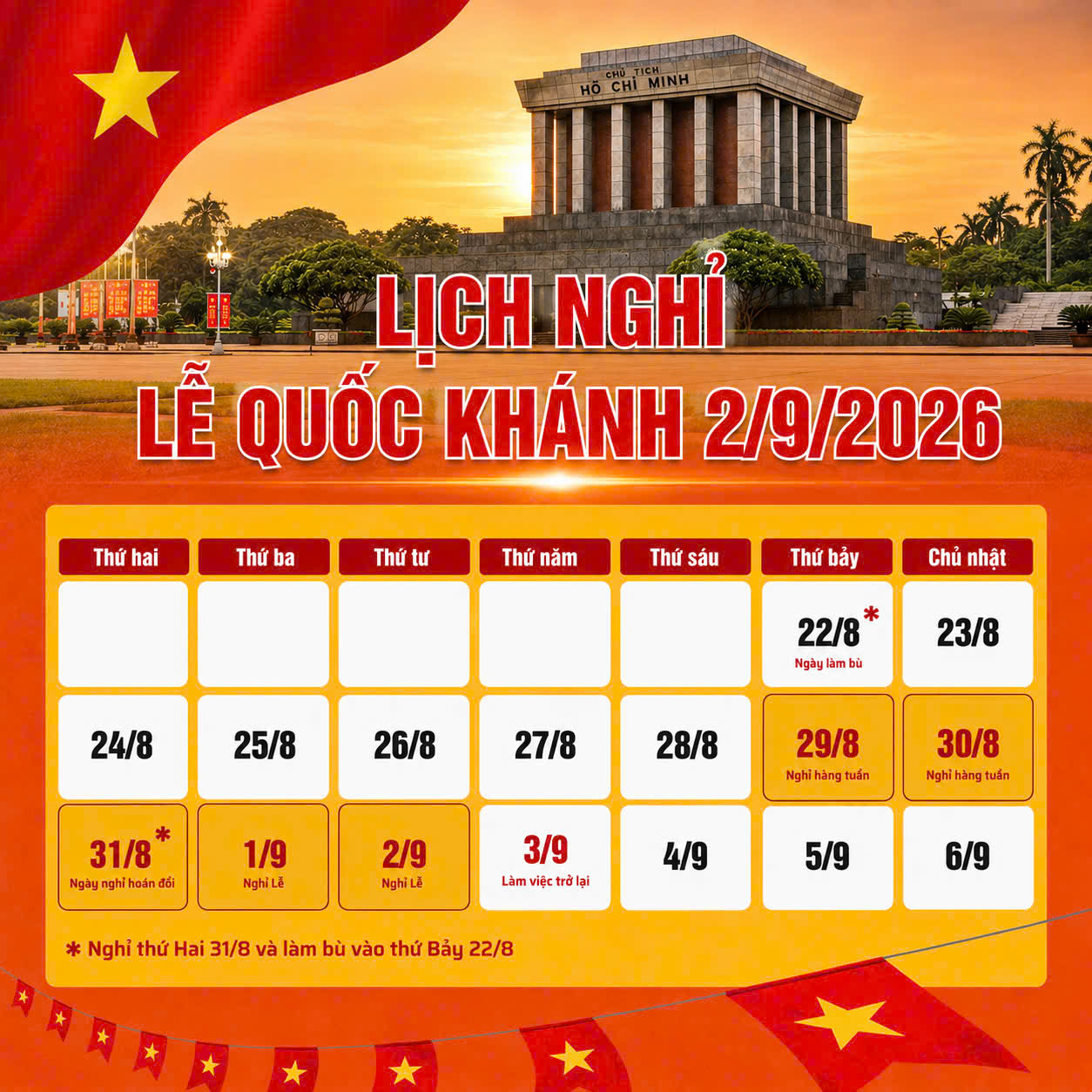 THÔNG BÁO LỊCH NGHỈ LỄ QUỐC KHÁNH NGÀY 2/9 NĂM 2026